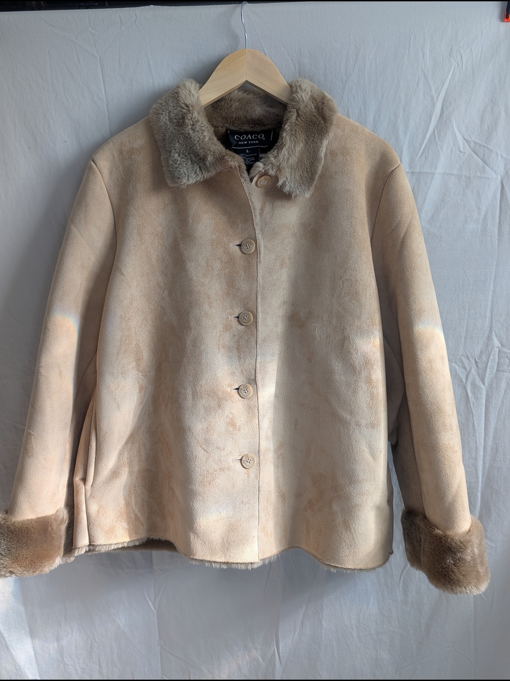 Vintage COACO New York Taupe Faux Shearling Teddy Jacket with Fur Trim